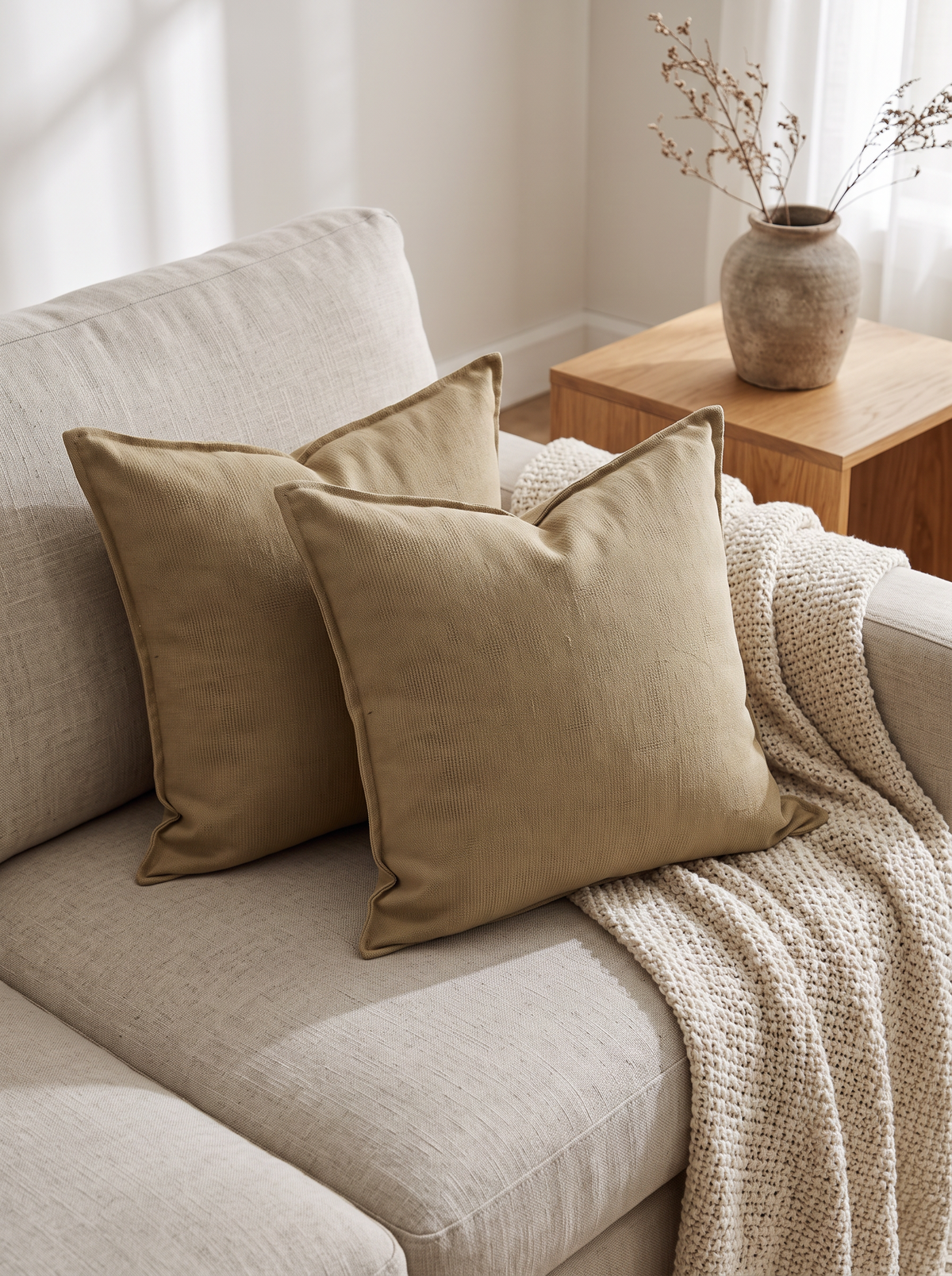 Olive Khaki Slub Jacquard Linen Viscose Cushion Covers, styled at home on a linen sofa