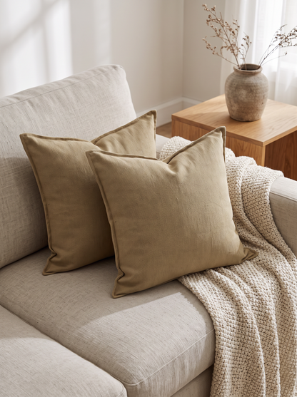 Olive Khaki Slub Jacquard Linen Viscose Cushion Covers, styled at home on a linen sofa