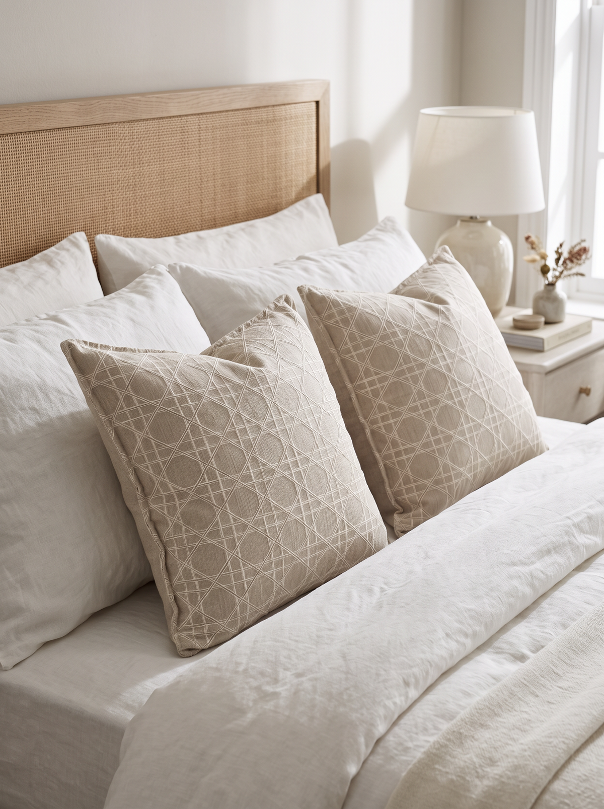 Blush Taupe Lattice Jacquard Linen Viscose Cushion Covers, styled at home on a made bed