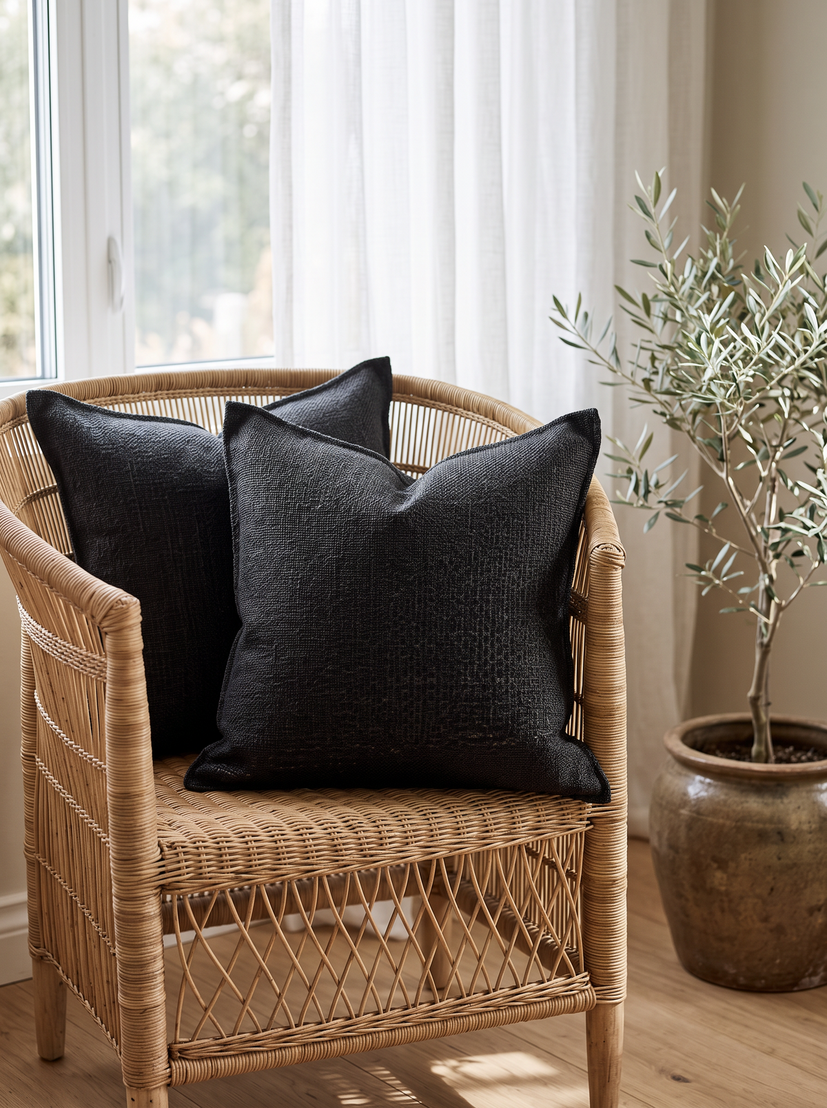 Charcoal Flecked Cushion Covers, styled at home on a rattan armchair by a window