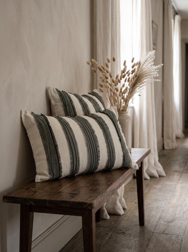 Ivory & Black Stripe Tassel Cotton Cushion Covers, styled at home on a walnut bench