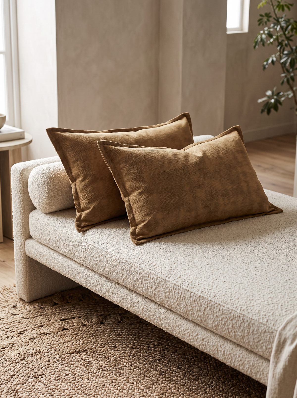 Caramel Slub Jacquard Cotton Linen Cushion Covers, styled at home on a boucle daybed