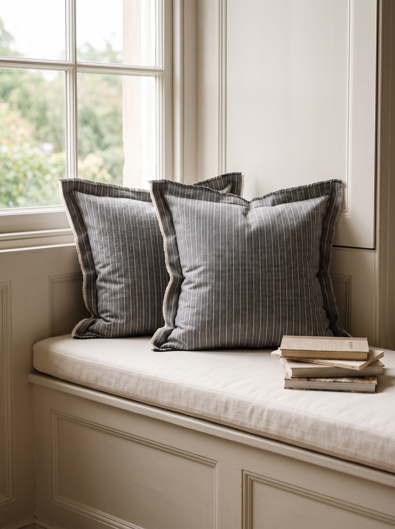 Grey Pinstripe Embroidery Cotton Linen Cushion Covers, styled at home on a window seat
