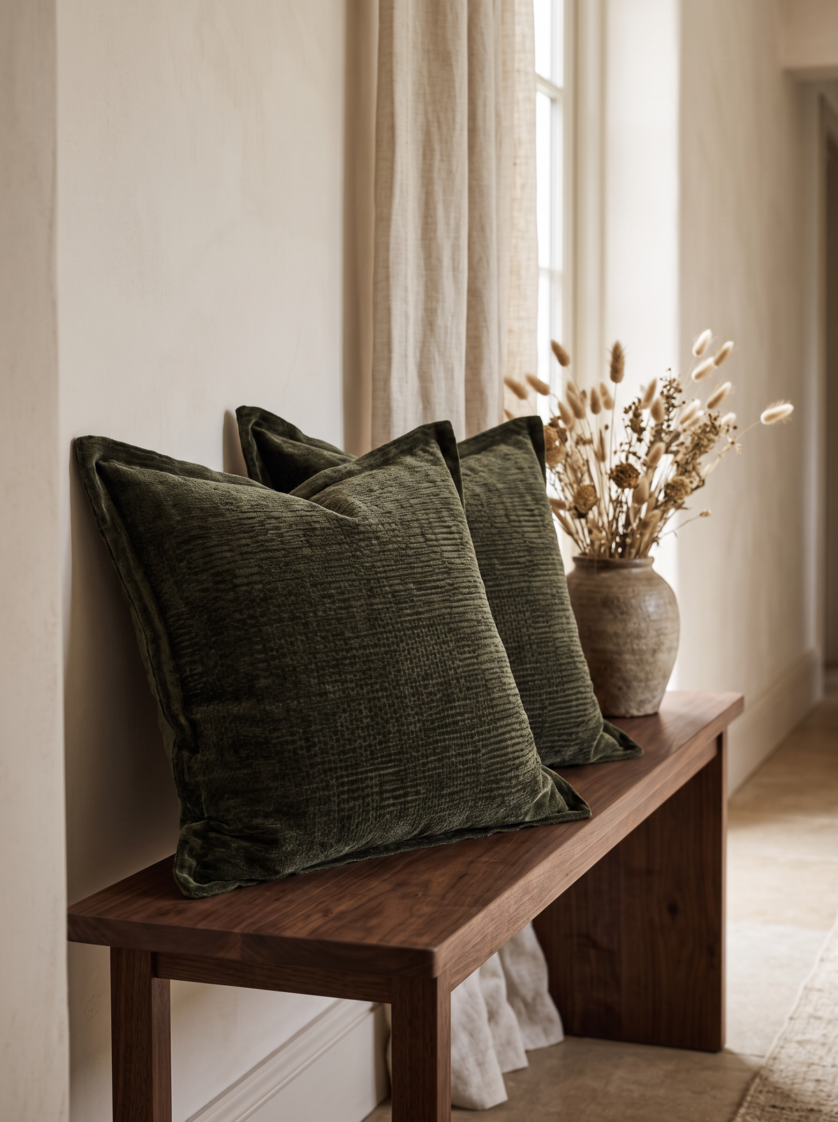 Moss Green Chenille Jacquard Cushion Covers, styled at home on a walnut bench