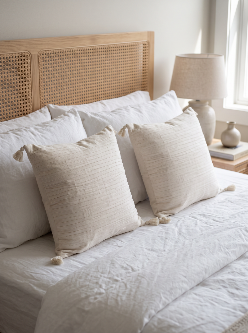Ivory Tassel Cushion Covers, styled at home on a made bed