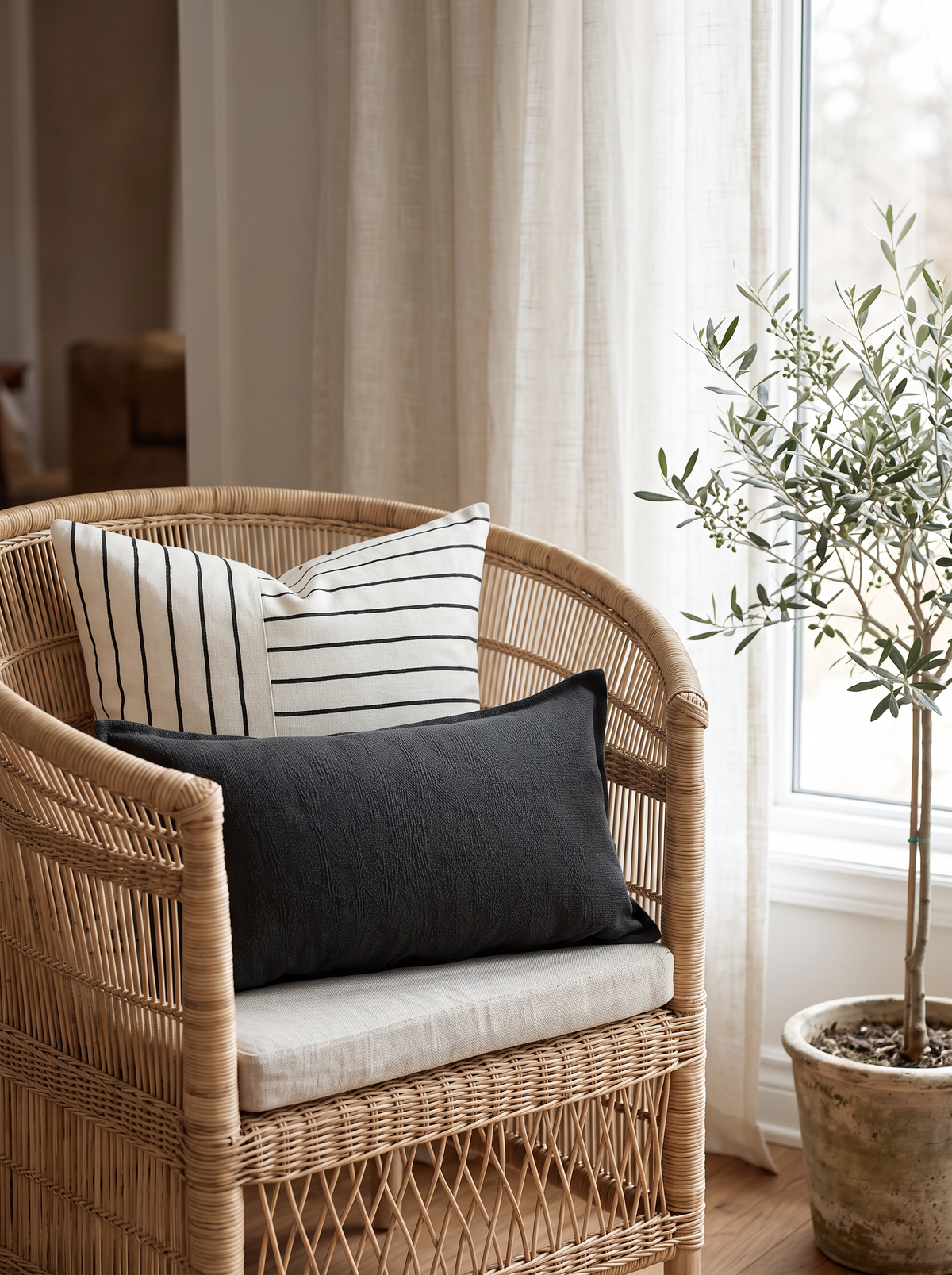 Ivory & Black Jacquard Stripe Linen Cotton Cushion Covers on a rattan armchair by a window