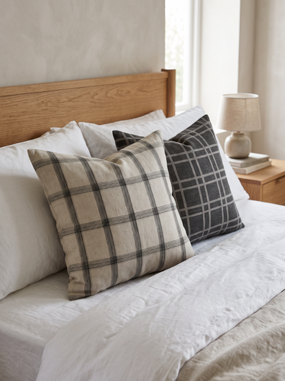 Natural Check Tartan Jacquard Linen Cotton Cushion Covers on a made bed