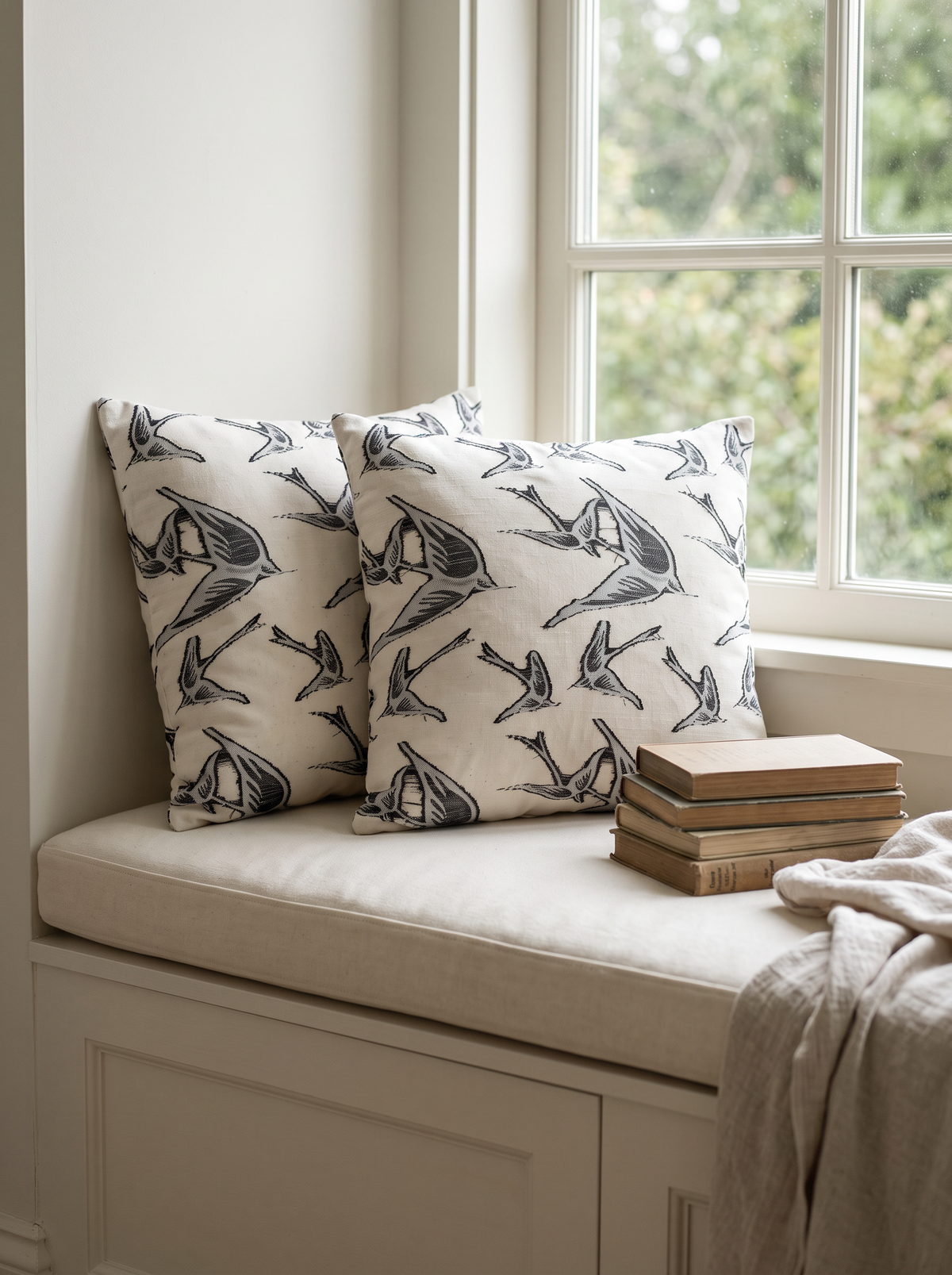 Ivory & Black Swallow Jacquard Cotton Cushion Covers on a window seat