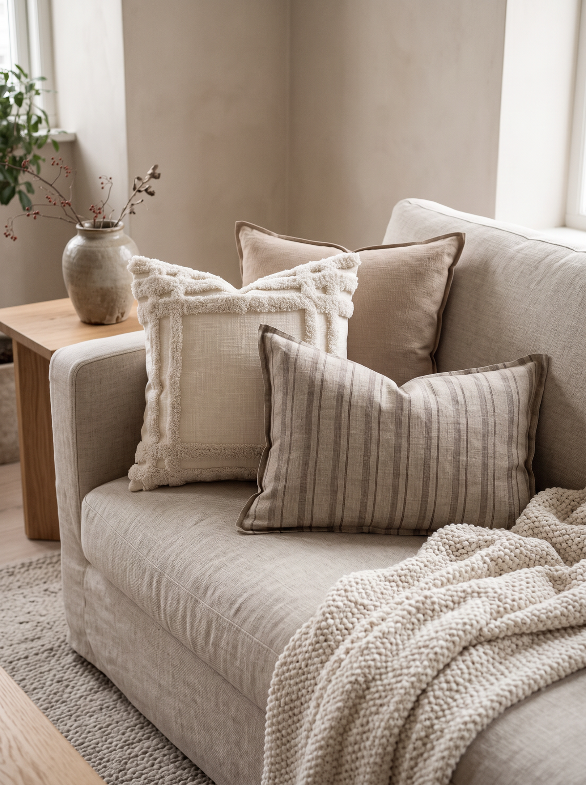 Ivory Framed Jacquard Cotton Cushion Covers on a linen sofa