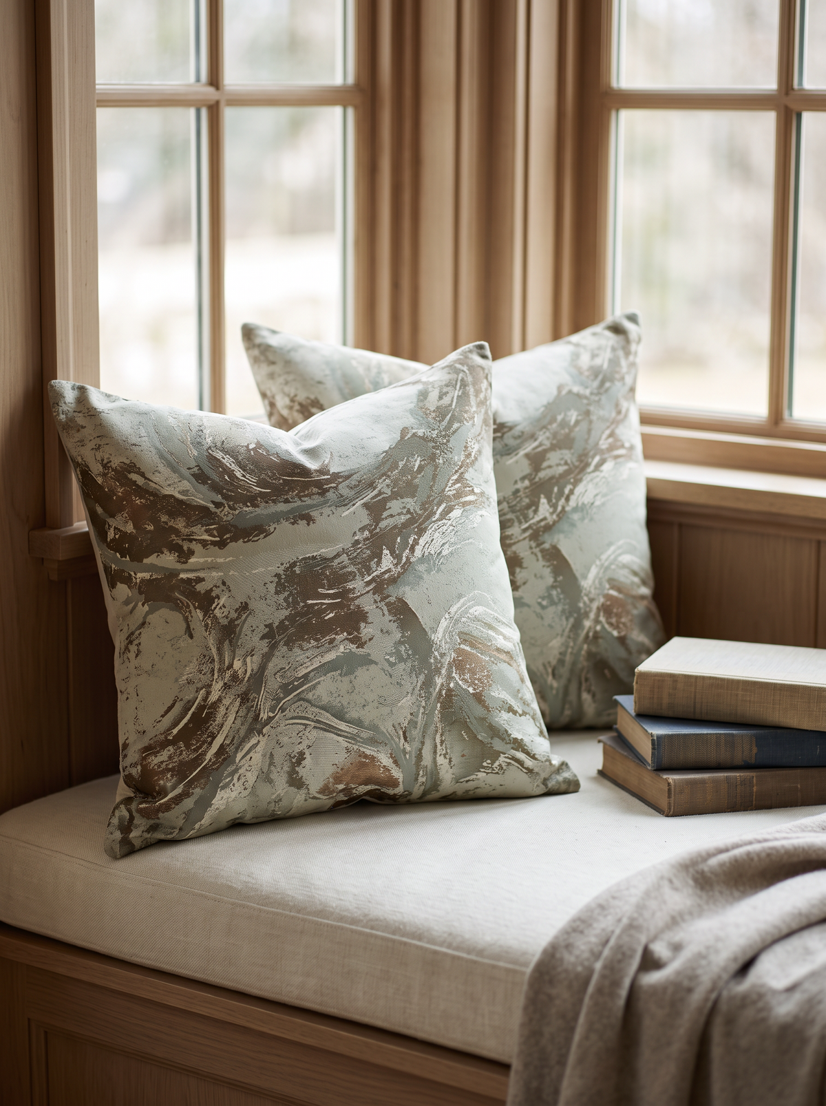 Silver Flanged Jacquard Cushion Covers on a window seat