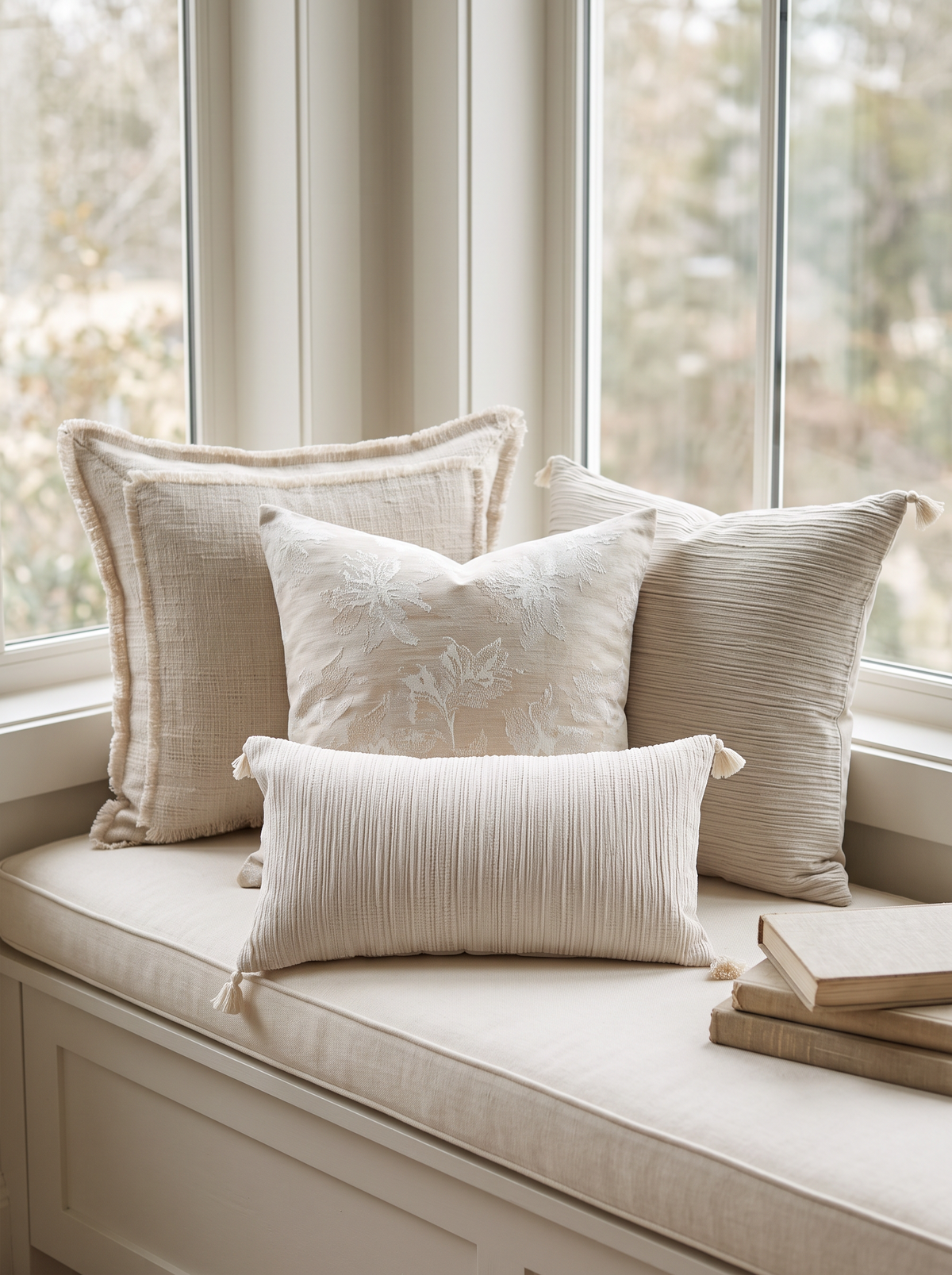 Cream Flanged Tassel Cotton Linen Cushion Covers on a window seat