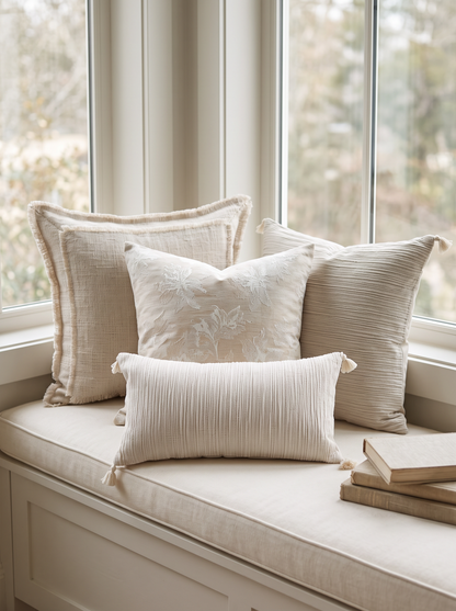 Cream Flanged Tassel Cotton Linen Cushion Covers on a window seat