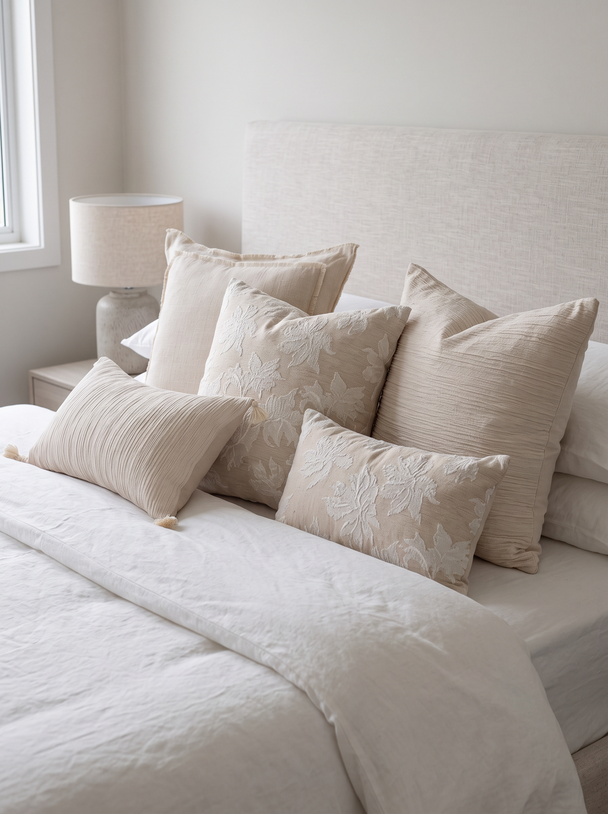Cream Lily Jacquard Cotton Cushion Covers on a made bed
