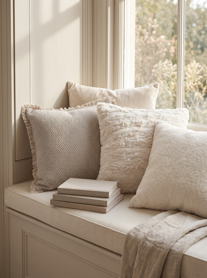 Ivory Sheepskin Faux Fur Cushion Covers on a window seat