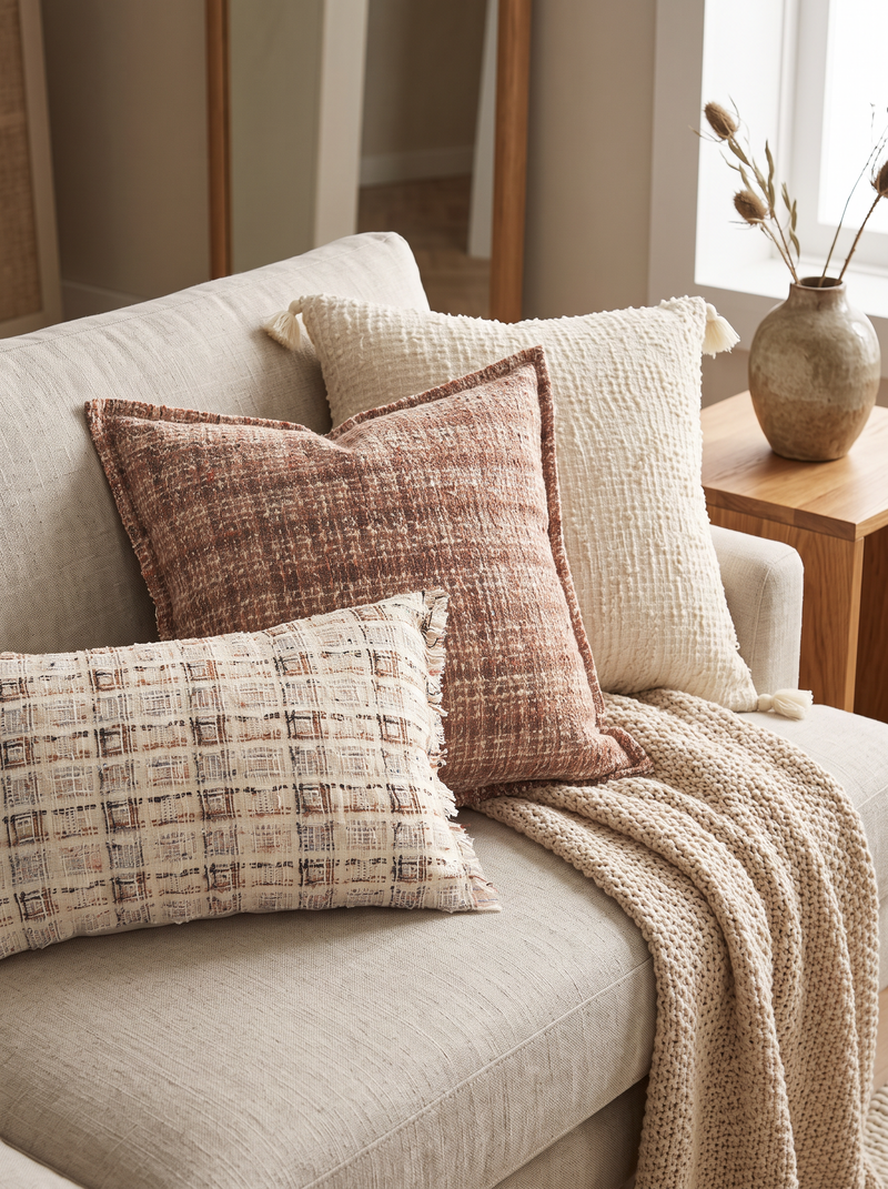 Rose Tweed Jacquard Wool Cushion Covers on a linen sofa