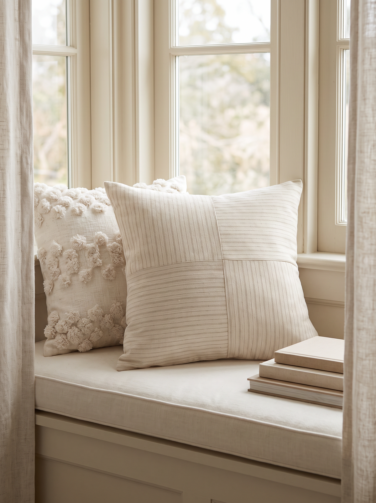Ivory Pinstripe Jacquard Viscose Linen Cushion Covers on a window seat