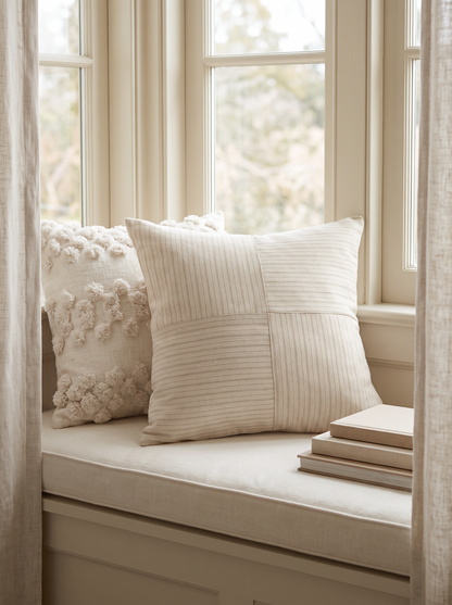 Ivory Pinstripe Jacquard Viscose Linen Cushion Covers on a window seat