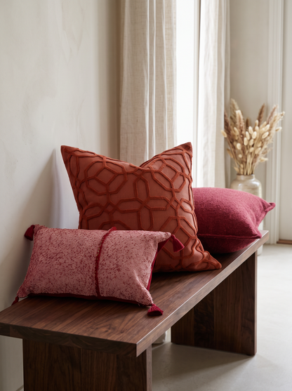Red Lattice Embroidery Cushion Covers on a walnut bench