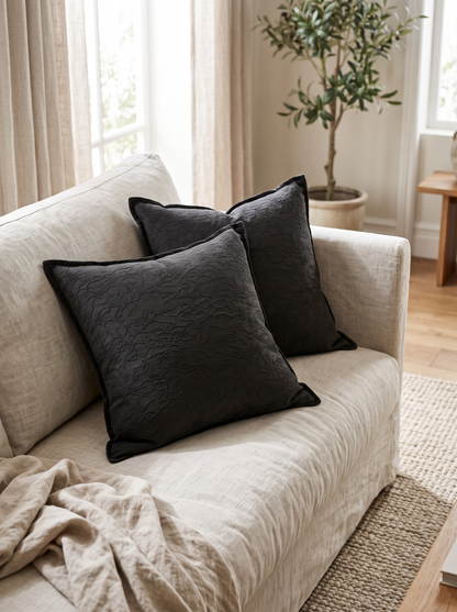 Charcoal Flanged Jacquard Cotton Linen Cushion Covers, styled at home on a linen sofa