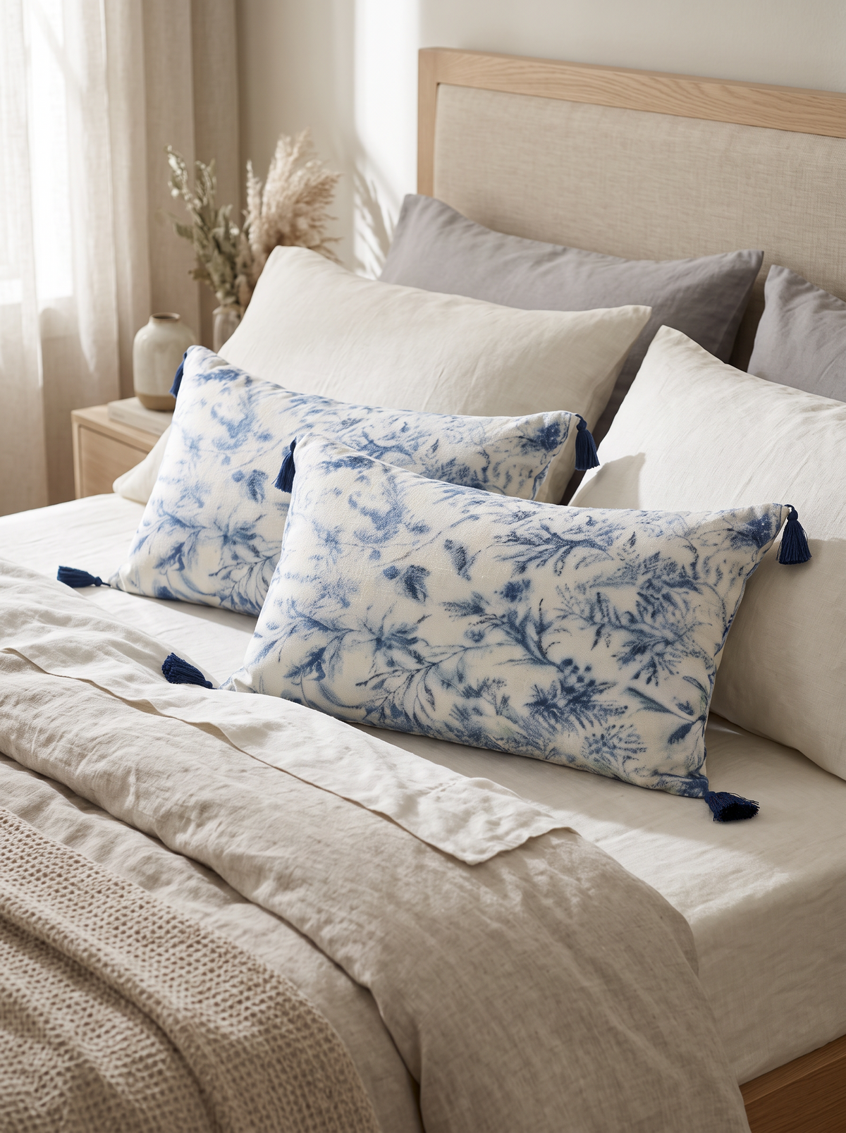 Ivory & Blue Printed Cotton Linen Lumbar Cushion Covers, styled at home on a made bed