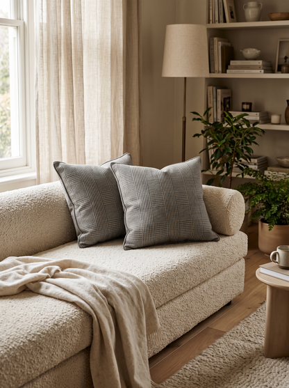 Charcoal Check Jacquard Hemp Cotton Cushion Covers, styled at home on a bouclé daybed