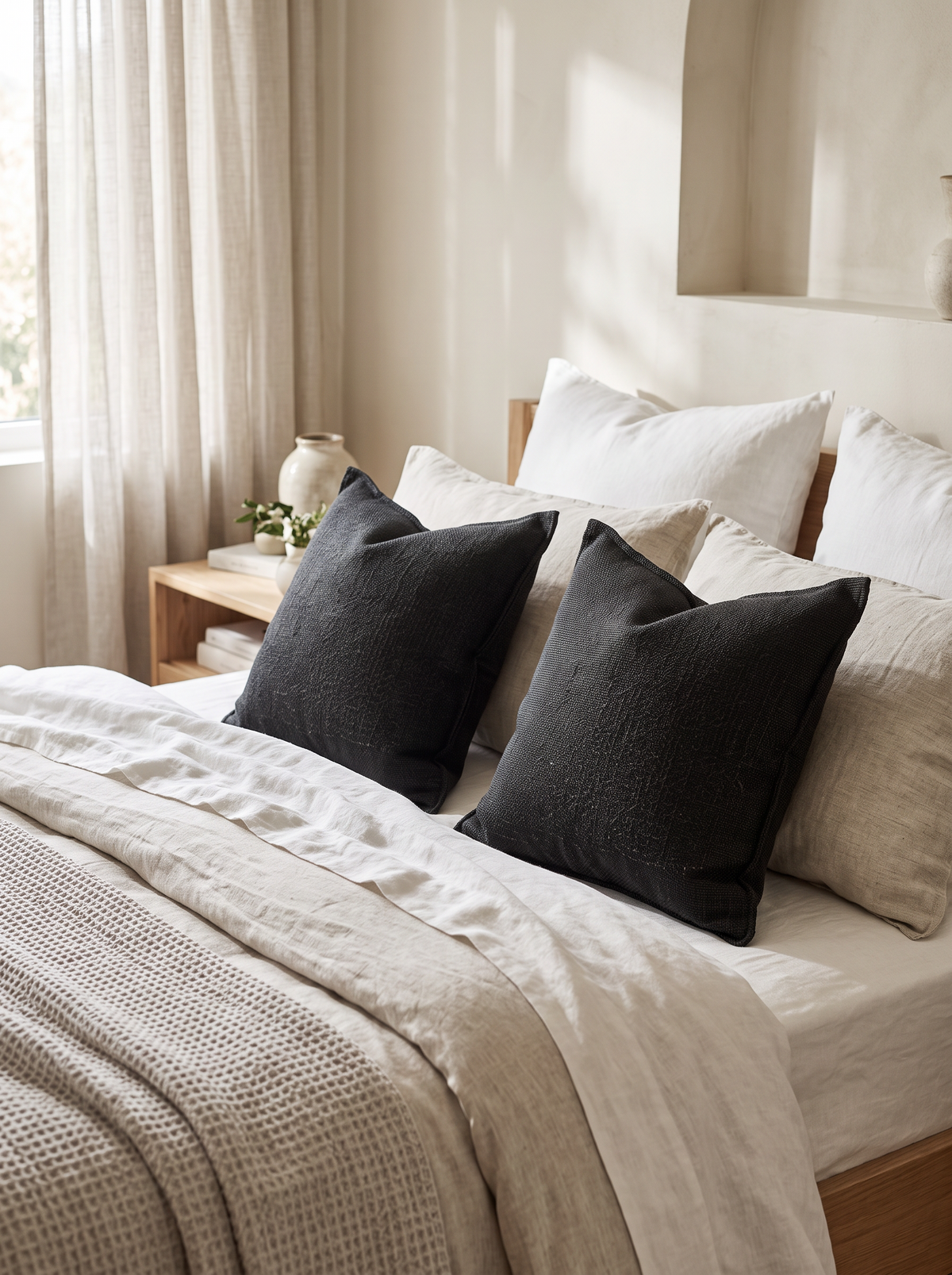 Charcoal Flecked Cushion Covers, styled at home on a made bed