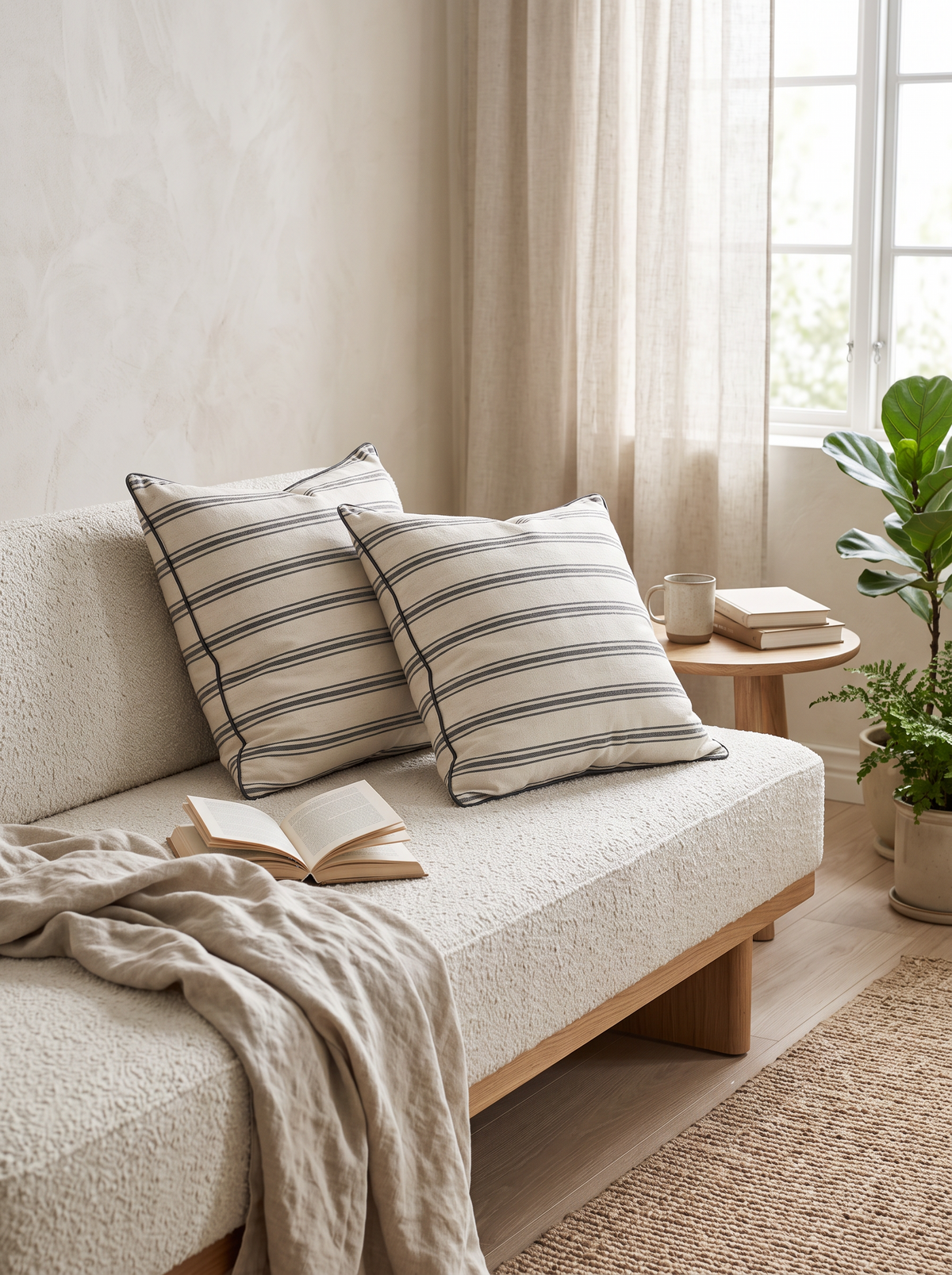 Ivory & Black Stripe Hand-Woven Linen Cushion Covers, styled at home on a bouclé daybed