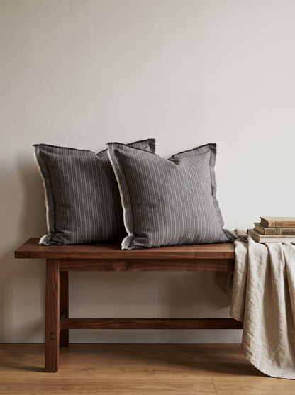 Grey Pinstripe Embroidery Cotton Linen Cushion Covers, styled at home on a walnut bench