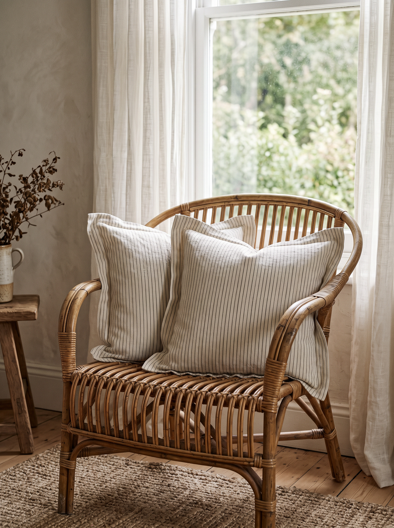 Cream Stripe Jacquard Viscose Linen Cushion Covers, styled at home on a rattan armchair by a window