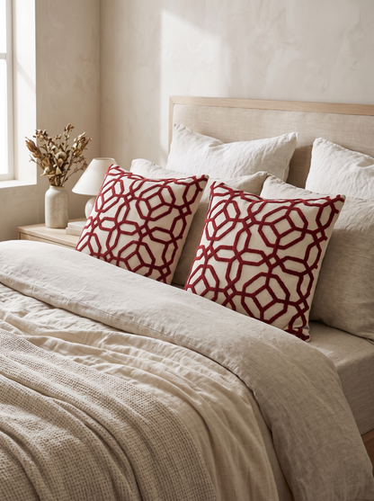 Ivory & Red Lattice Embroidery Cushion Covers, styled at home on a made bed