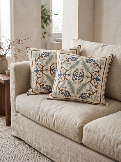 Ivory & Blue Medallion Printed Jacquard Cushion Covers, styled at home on a linen sofa