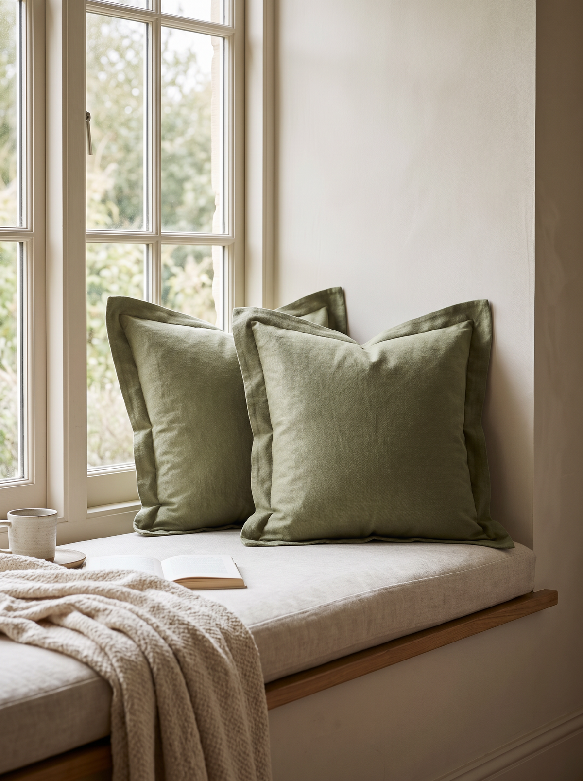 Olive Flanged Jacquard Linen Lyocell Cushion Covers, styled at home on a window seat