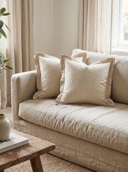 Natural Flanged Jacquard Linen Lyocell Cushion Covers, styled at home on a linen sofa