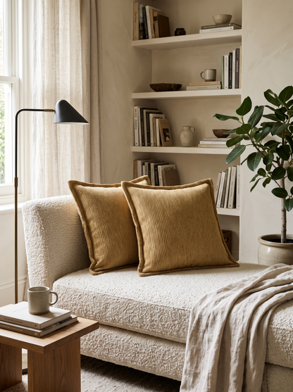 Mustard Chenille Embroidery Cushion Covers, styled at home on a bouclé daybed