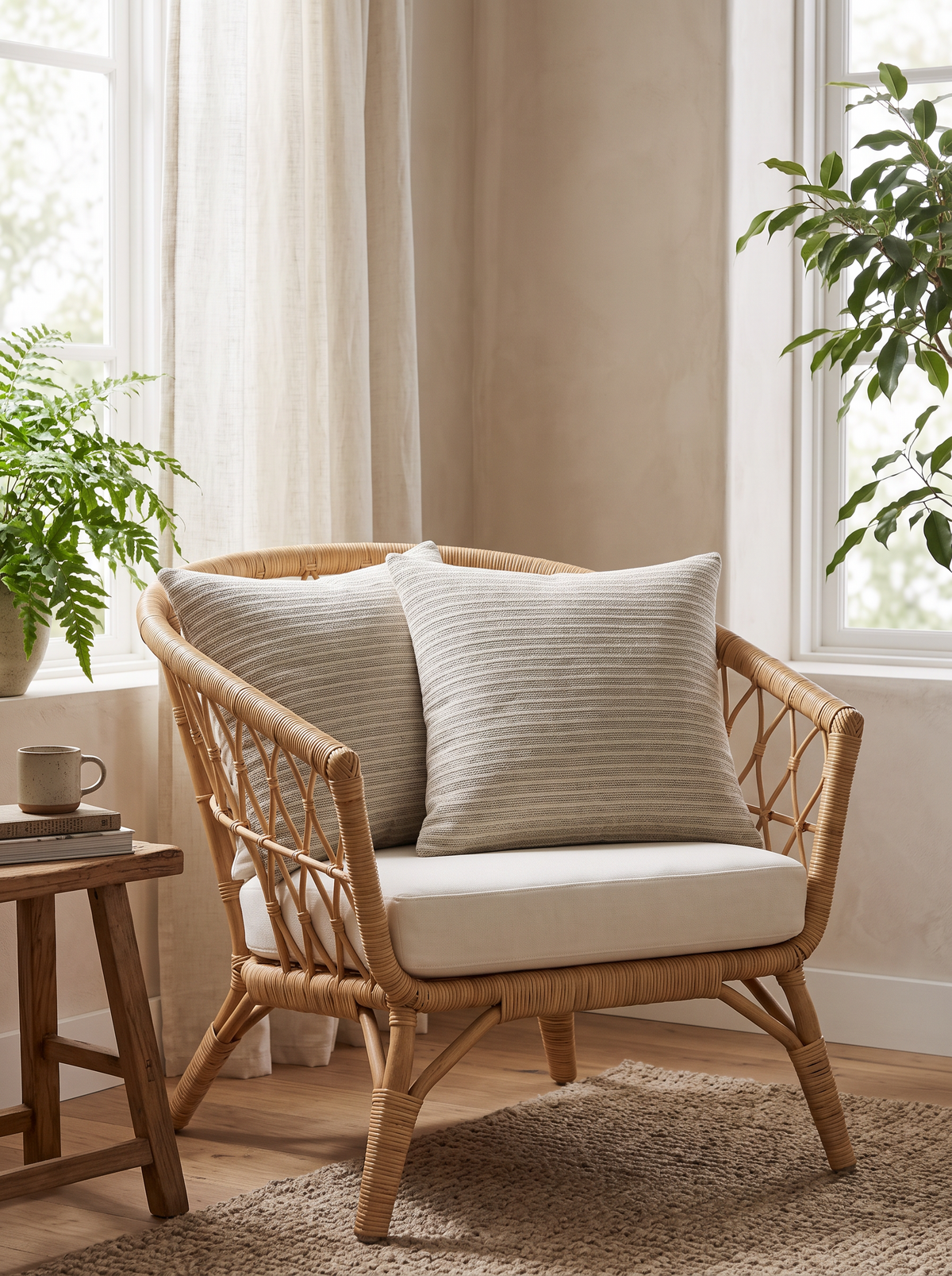 Oat Stripe Jacquard Hemp Cotton Cushion Covers, styled at home on a rattan armchair by a window