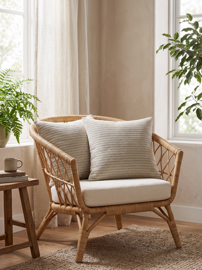 Oat Stripe Jacquard Hemp Cotton Cushion Covers, styled at home on a rattan armchair by a window
