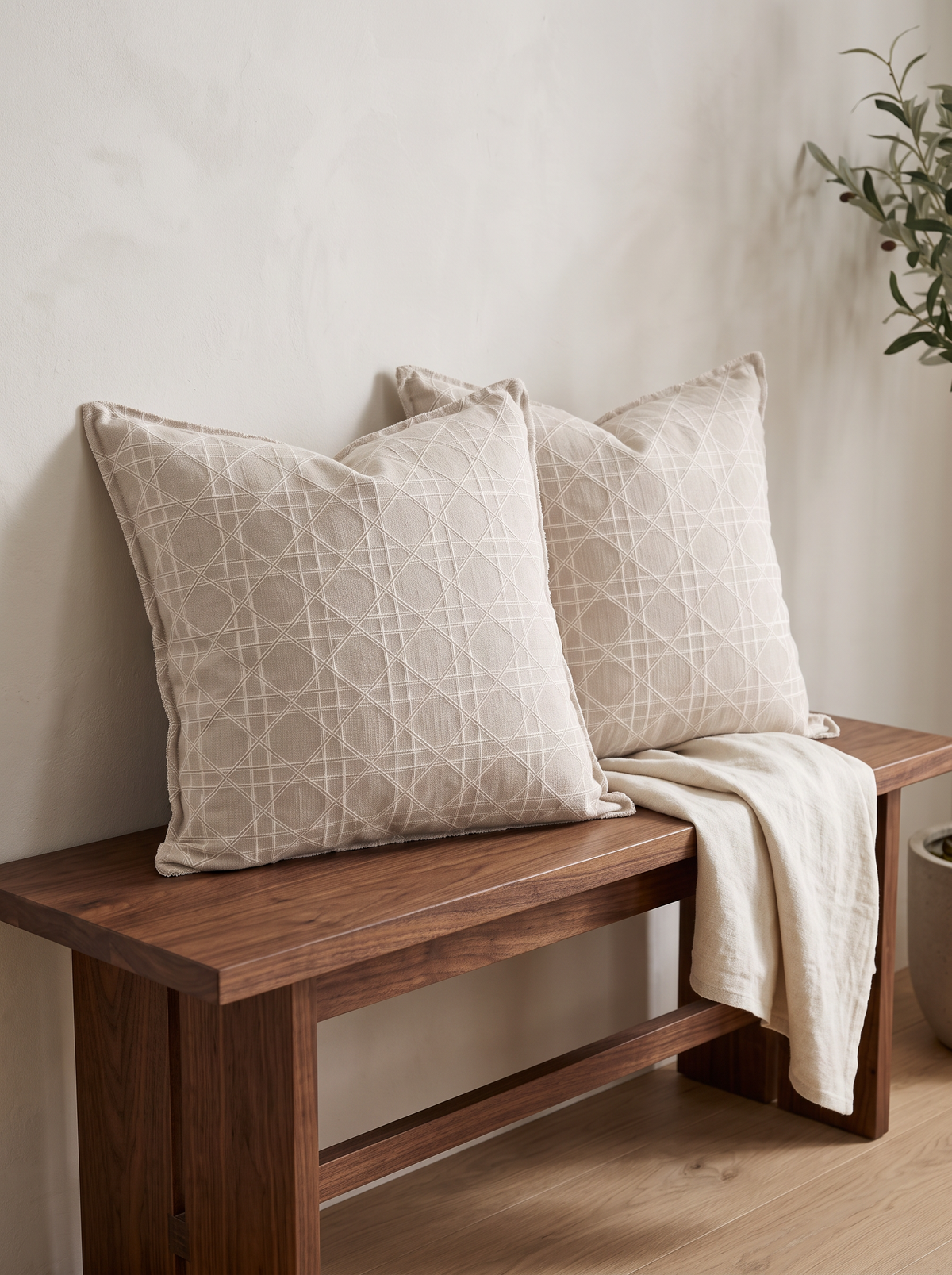 Blush Taupe Lattice Jacquard Linen Viscose Cushion Covers, styled at home on a walnut bench