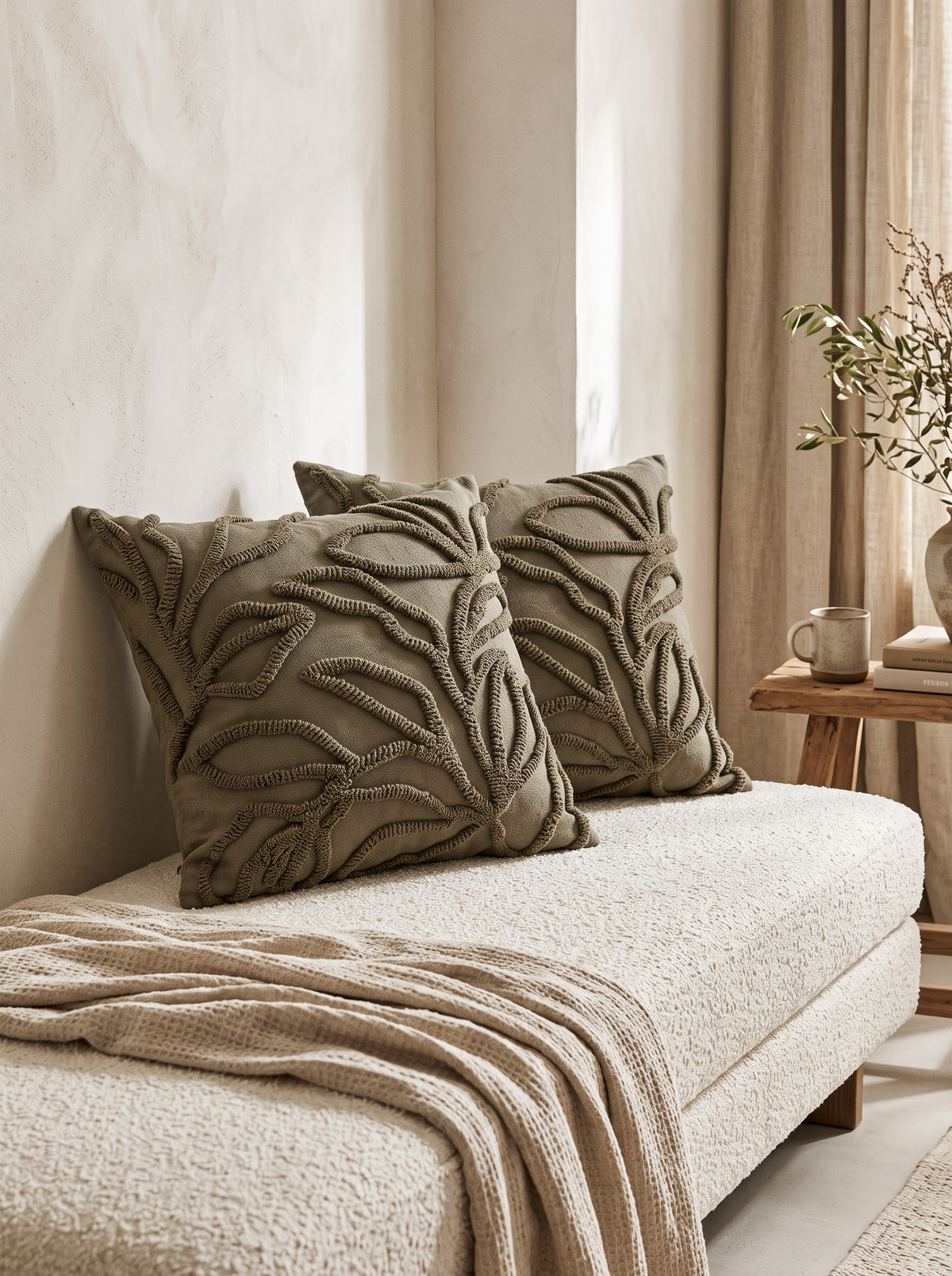 Olive Leaf Embroidery Cotton Cushion Covers, styled at home on a bouclé daybed