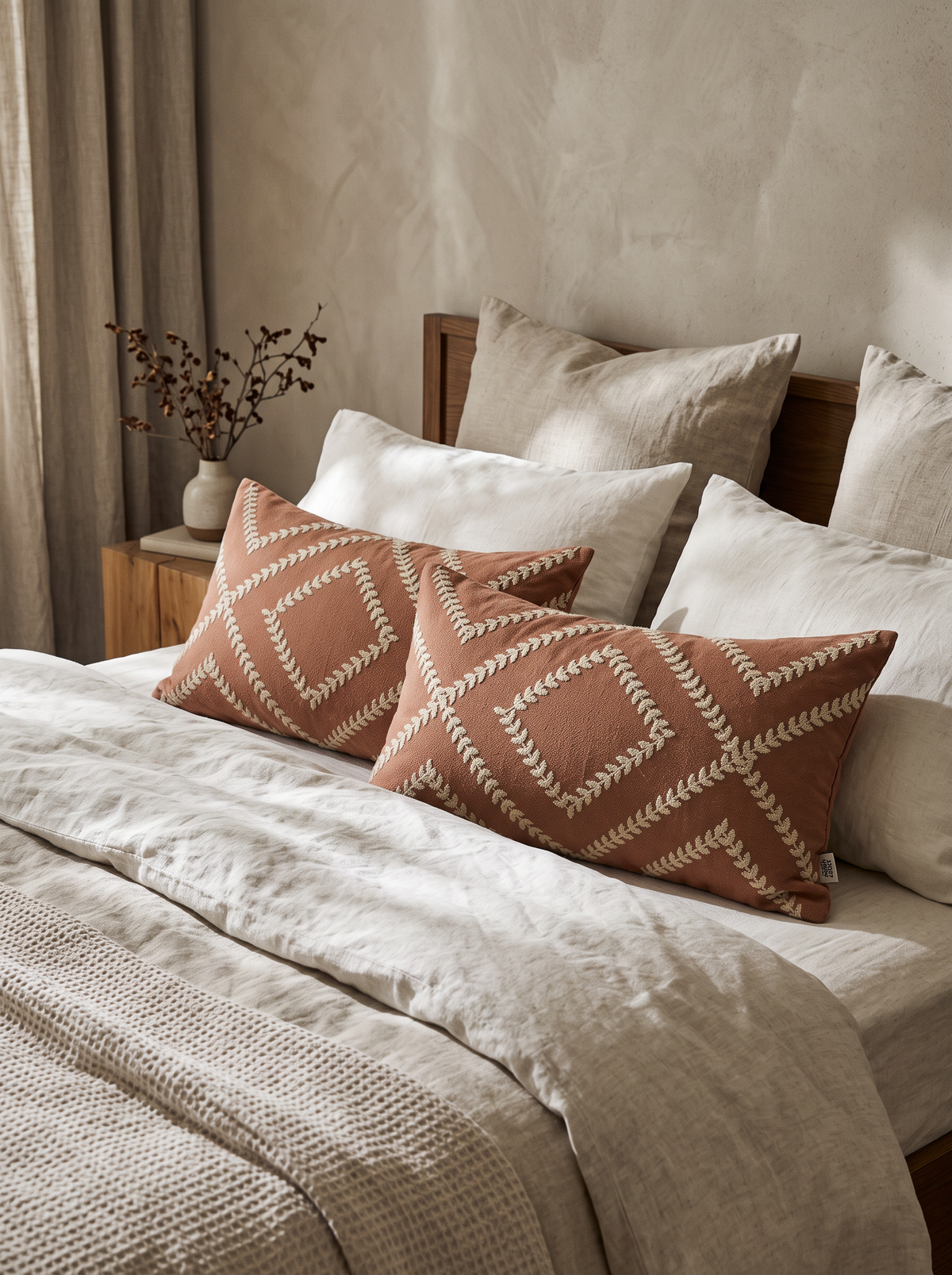 Terracotta Trellis Embroidery Linen Cotton Lumbar Cushion Covers, styled at home on a made bed