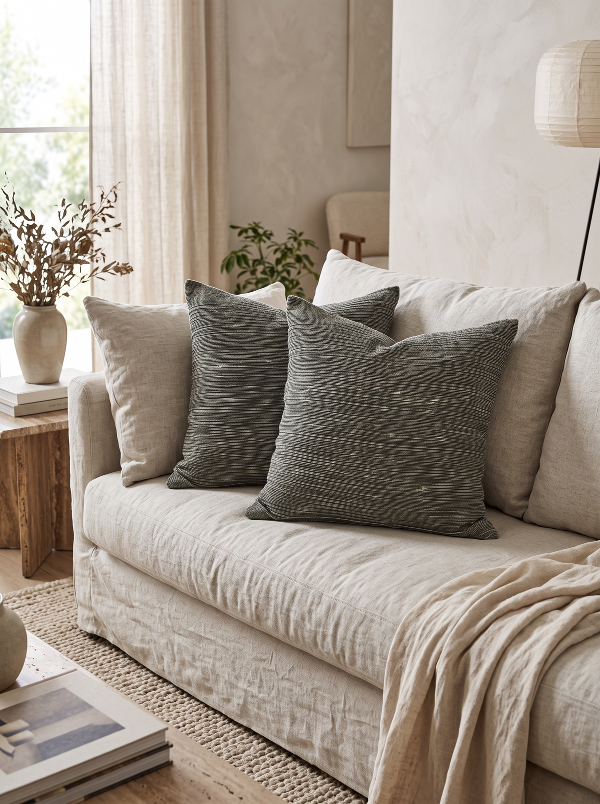 Sage Flecked Jacquard Cotton Linen Cushion Covers, styled at home on a linen sofa