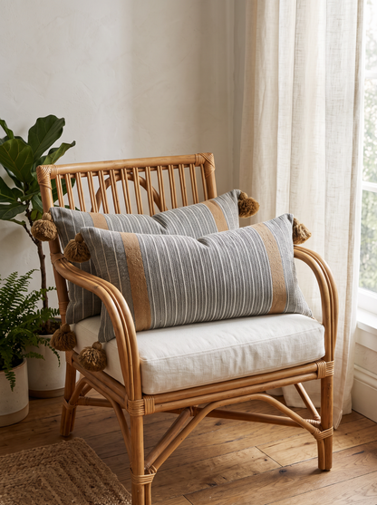 Grey & Ochre Stripe Tassel Cotton Lumbar Cushion Covers, styled at home on a rattan armchair by a window