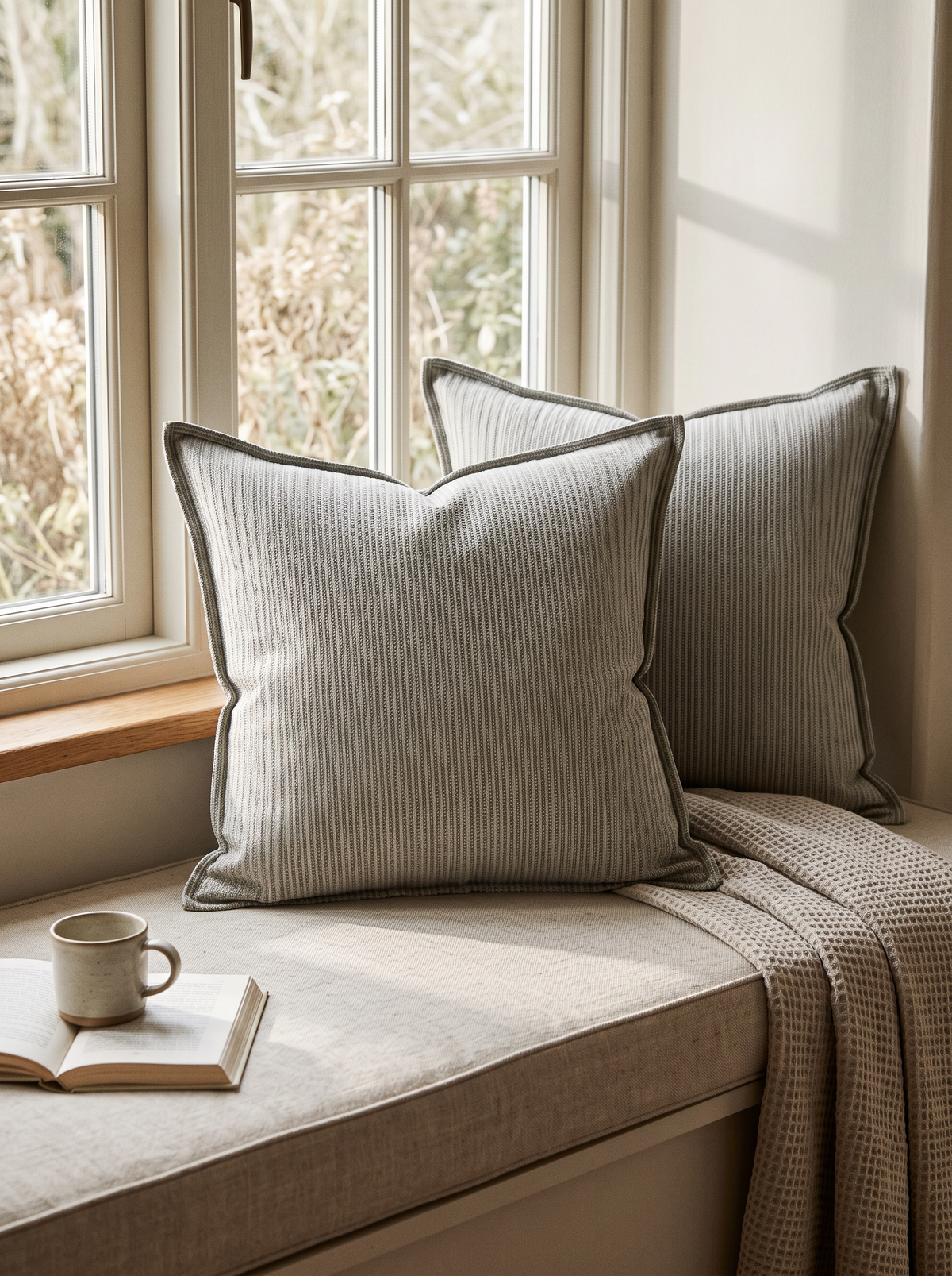 Sage Grey Stripe Tassel Cotton Cushion Covers, styled at home on a window seat