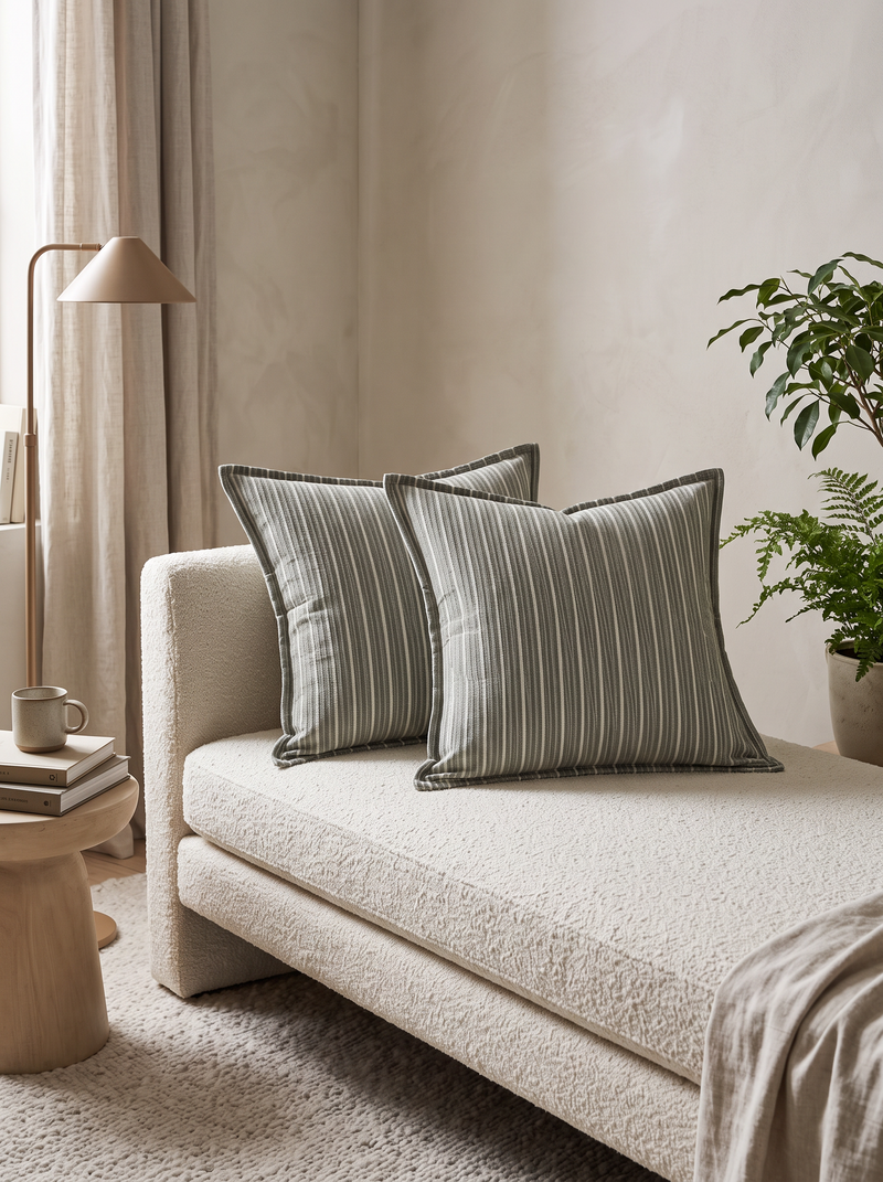Sage Stripe Tassel Cotton Cushion Covers, styled at home on a bouclé daybed
