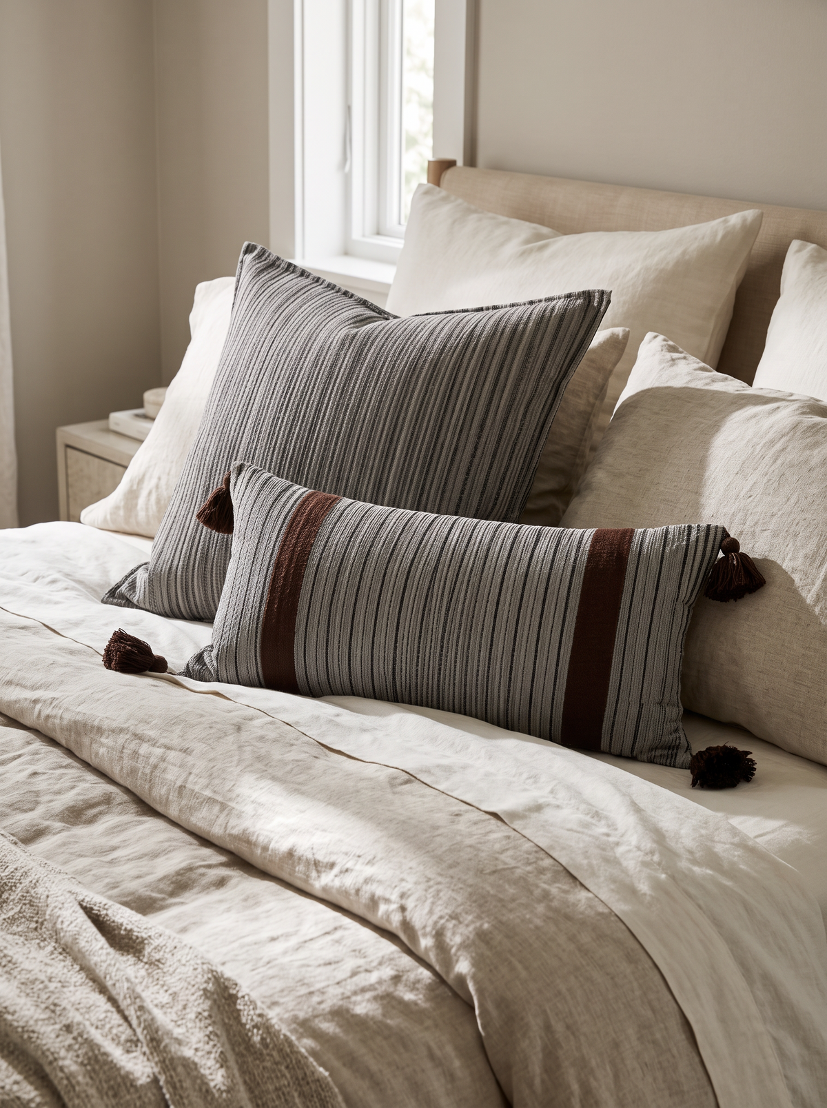 Stripe Tassel Cotton Cushion Covers, Grey Stripe square with Grey & Burgundy lumbar, styled at home on a made bed