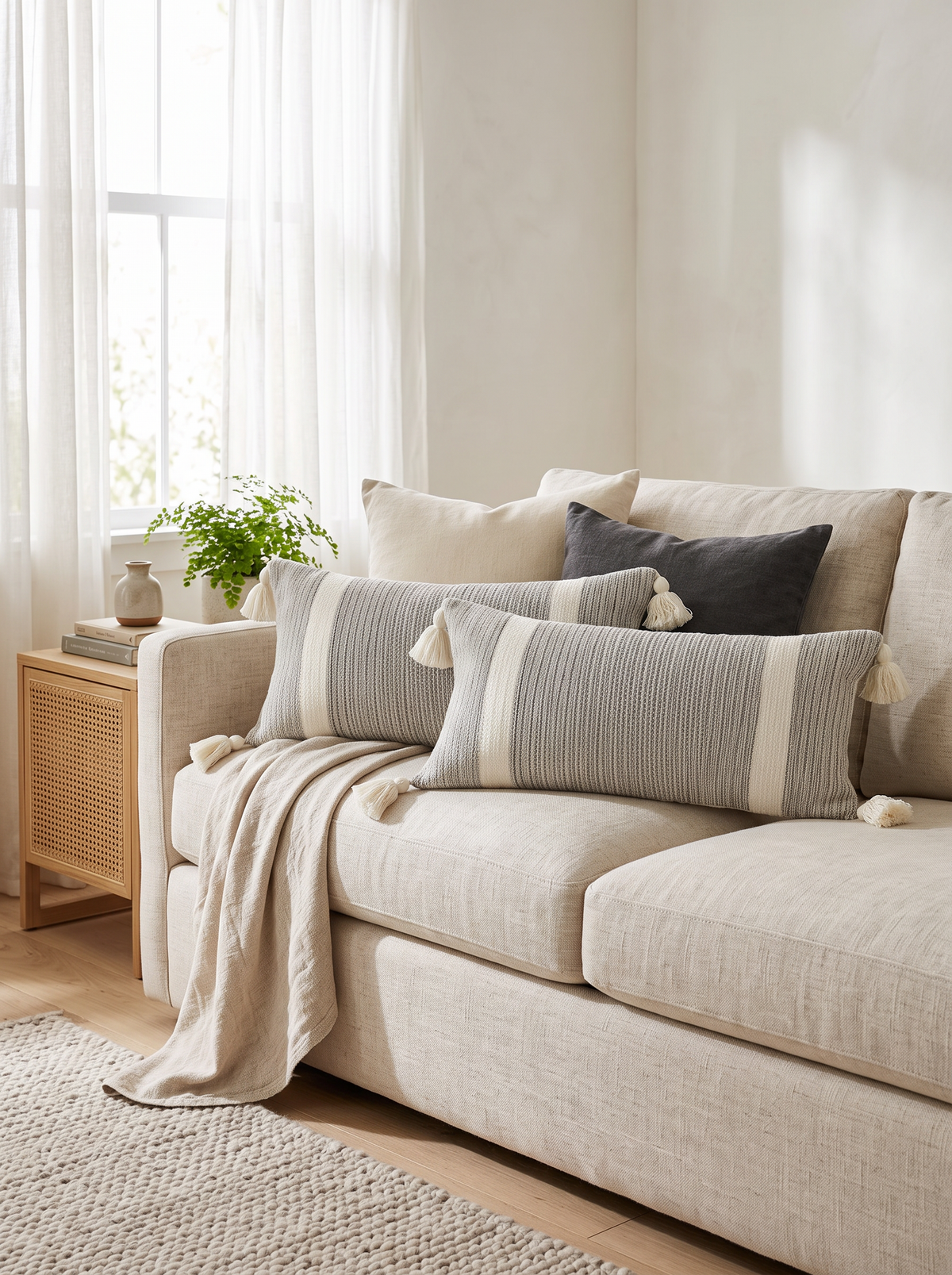 Grey & Ivory Stripe Tassel Cotton Lumbar Cushion Covers, styled at home on a linen sofa