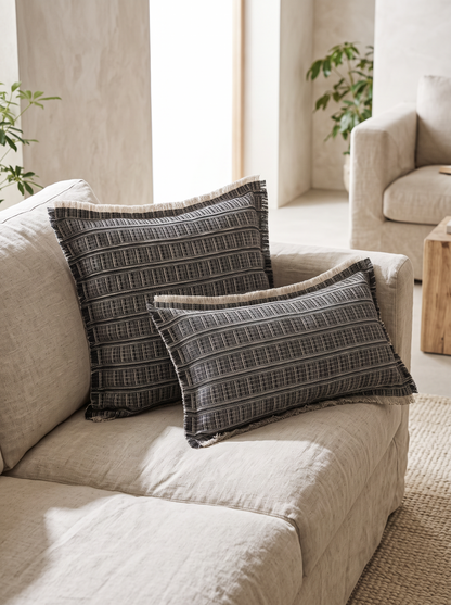 Charcoal Grid Embroidery Cushion Covers, square and lumbar, styled at home on a linen sofa