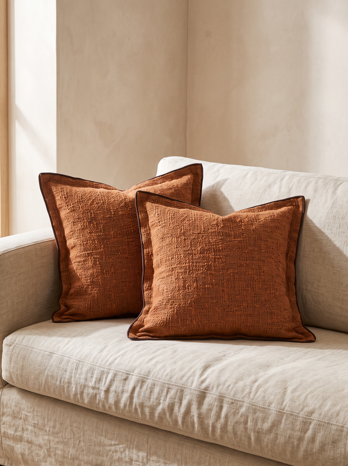 Piped Edge Cushion Covers in orange, styled at home on a linen sofa