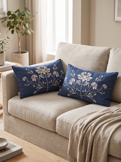 Blue Embroidery Linen Cotton Cushion Covers in Navy Peony Lumbar, styled at home on a linen sofa