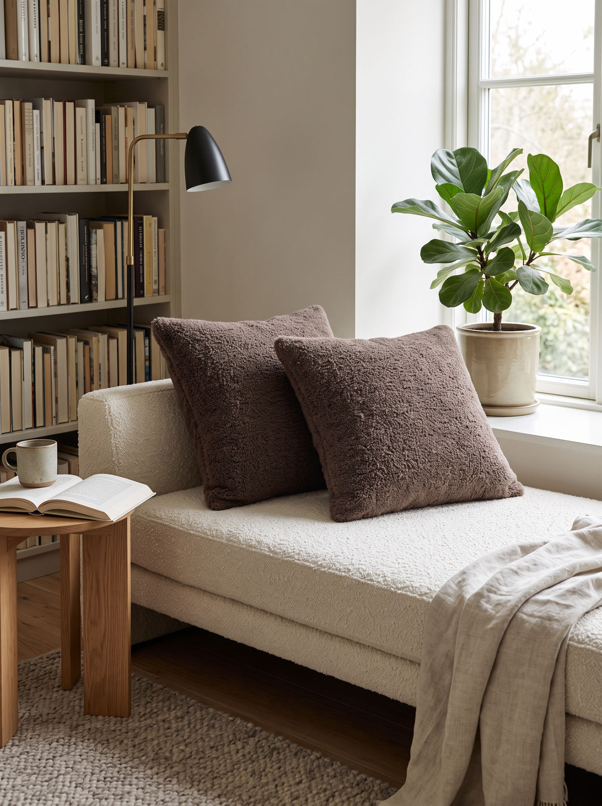Teddy Faux Fur Cushion Covers in Mocha, styled at home on a bouclé daybed