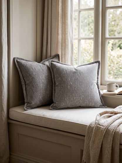 Flecked Jacquard Cotton Cushion Covers in Smoky Grey, styled at home on a window seat